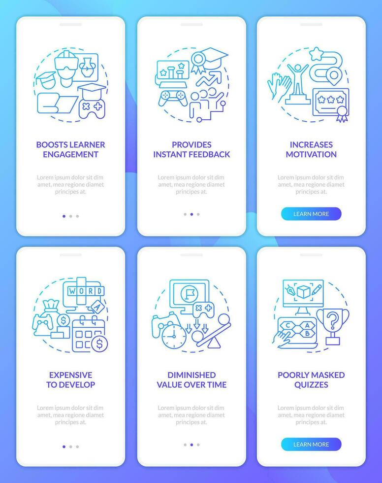 Gamification pros and cons blue gradient onboarding mobile app screens set. Walkthrough 3 steps graphic instructions with linear concepts. UI, UX, GUI templated vector