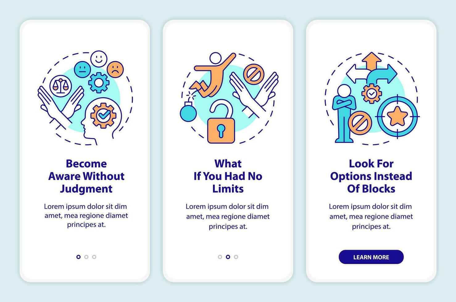Remove limits from high level mindset onboarding mobile app screen. Walkthrough 3 steps editable graphic instructions with linear concepts. UI, UX, GUI templated vector