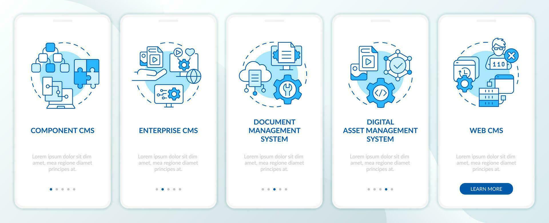 CMS platform types blue onboarding mobile app screen. Walkthrough 5 steps editable graphic instructions with linear concepts. UI, UX, GUI templated vector
