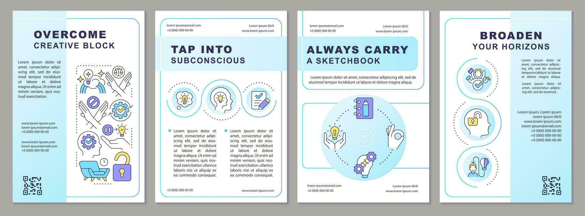 Remove barriers to inspiration brochure template. Creative block. Leaflet design with linear icons. Editable 4 vector layouts for presentation, annual reports