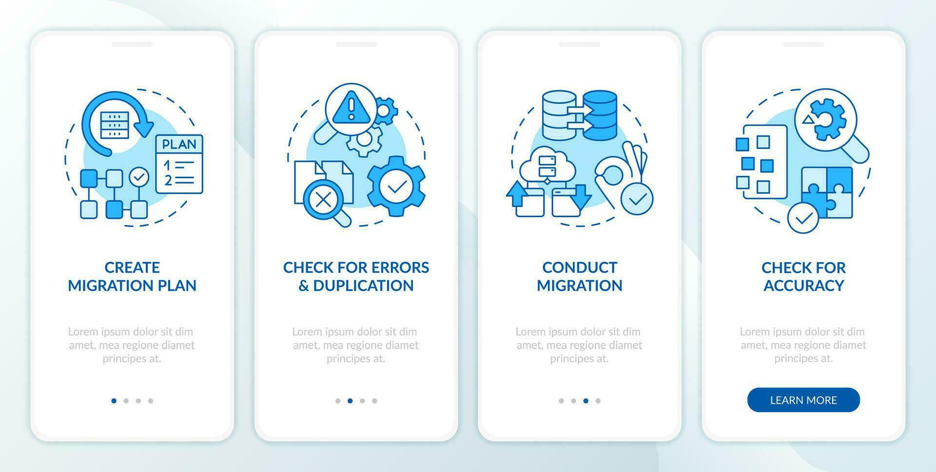 Perform CMS data transfer blue onboarding mobile app screen. Walkthrough 4 steps editable graphic instructions with linear concepts. UI, UX, GUI templated vector