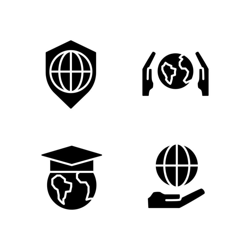 Save planet black glyph icons set on white space. Earth protection. Sustainable development. International education. Silhouette symbols. Solid pictogram pack. Vector isolated illustration