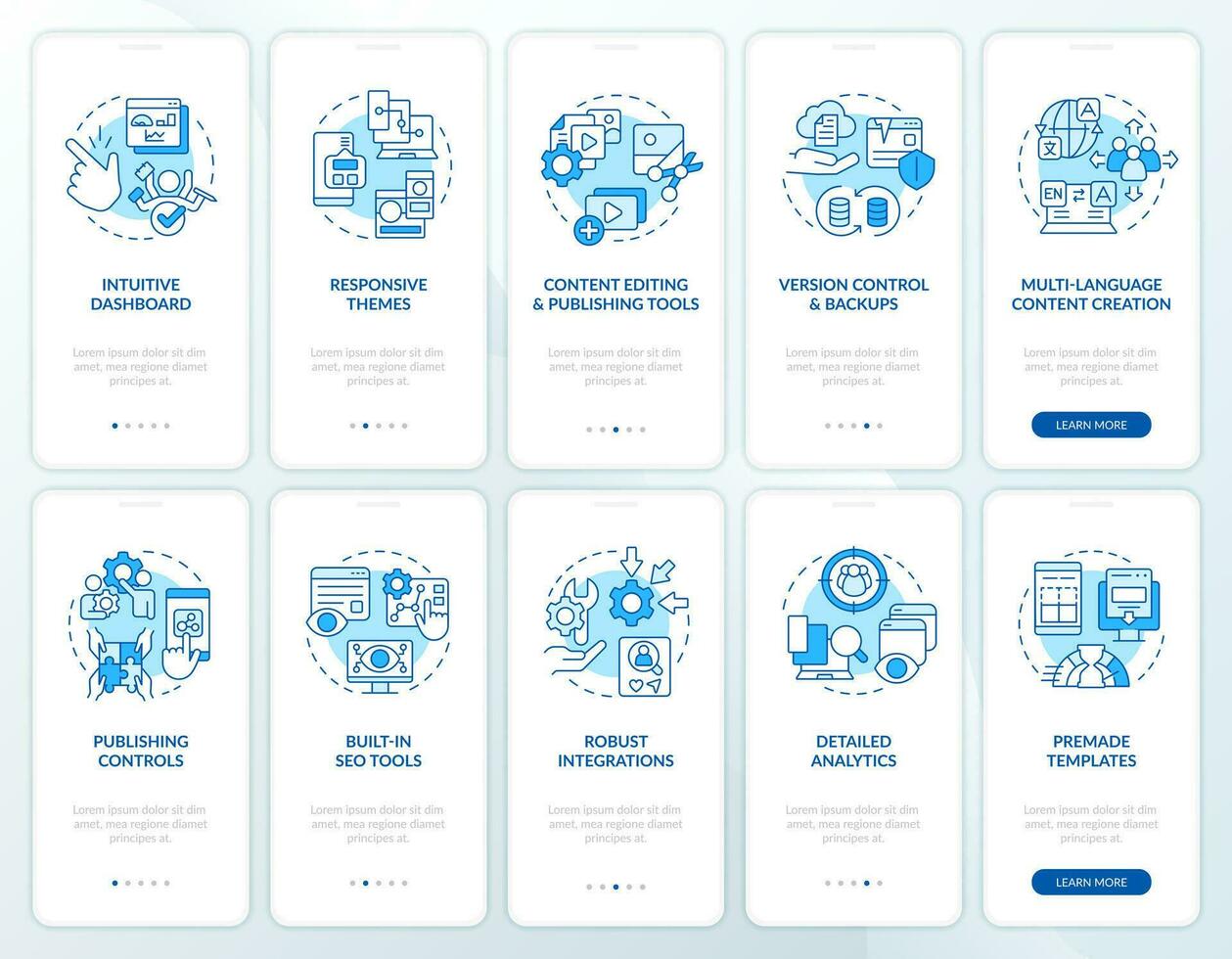 CMS platform blue onboarding mobile app screen set. Walkthrough 5 steps editable graphic instructions with linear concepts. UI, UX, GUI templated vector