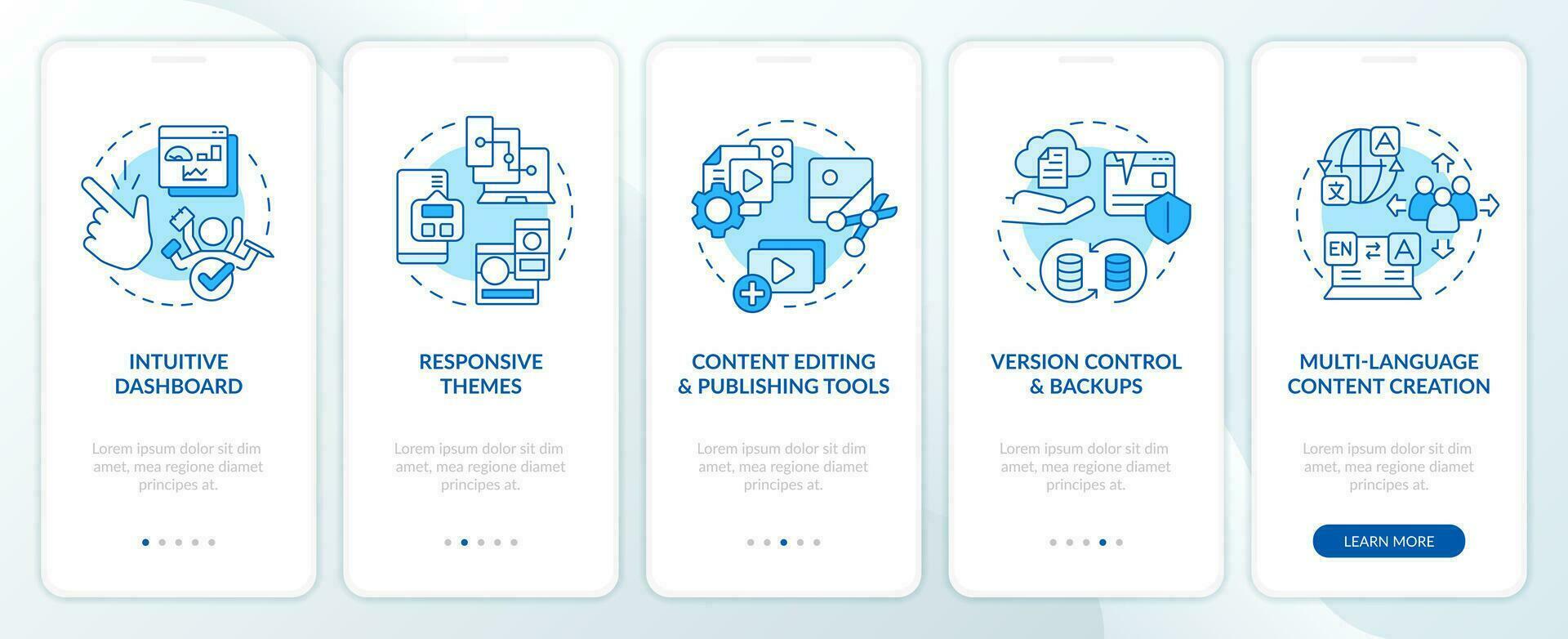 Key CMS advantages blue onboarding mobile app screen. Walkthrough 5 steps editable graphic instructions with linear concepts. UI, UX, GUI templated vector