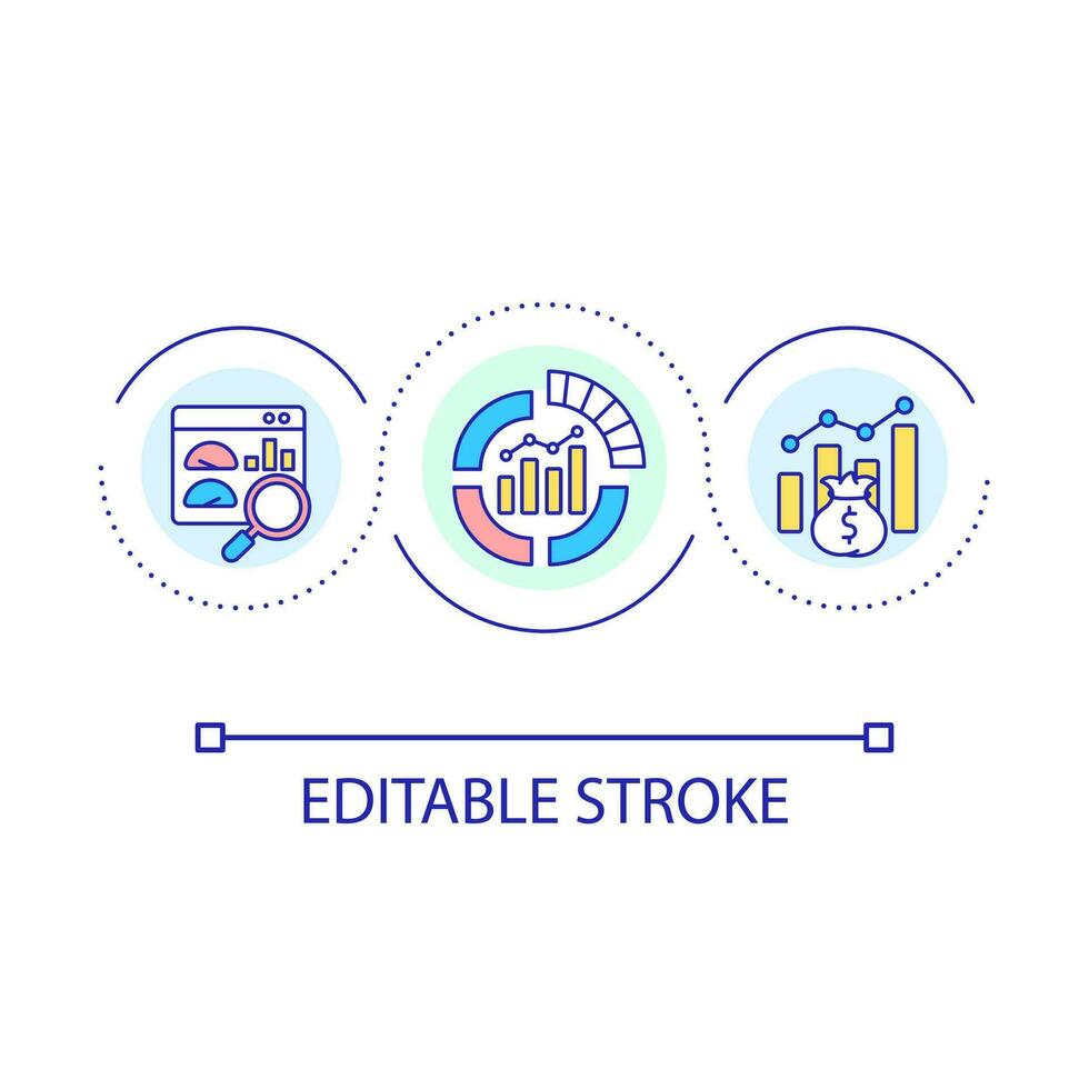 negocio analítica lazo concepto icono. económico investigación. analizando ganancia. explorar financiero sistema resumen idea Delgado línea ilustración. aislado contorno dibujo. editable acariciado vector