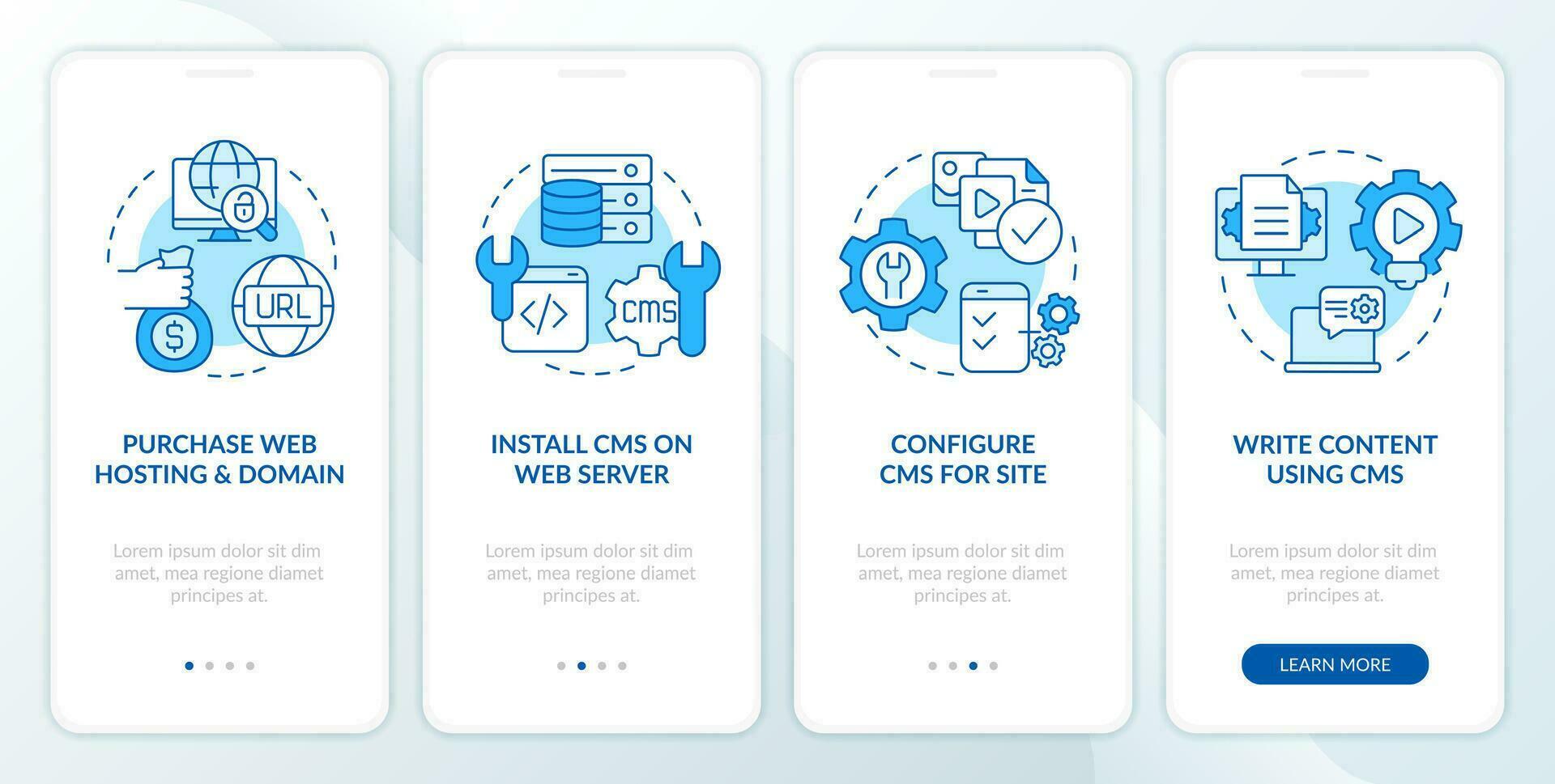 Create website with CMS platform blue onboarding mobile app screen. Walkthrough 4 steps editable graphic instructions with linear concepts. UI, UX, GUI templated vector