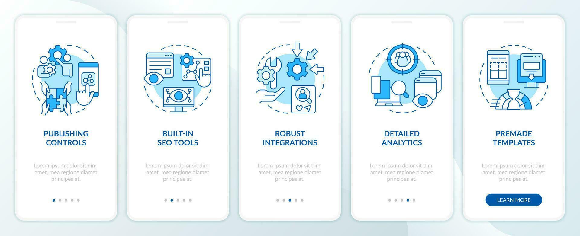 Content management system features blue onboarding mobile app screen. Walkthrough 5 steps editable graphic instructions with linear concepts. UI, UX, GUI templated vector