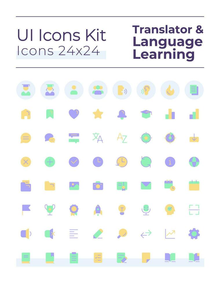 Translator flat color ui icons set. Language learning. Communication. Machine translation. GUI, UX design for mobile app. Vector isolated RGB pictograms