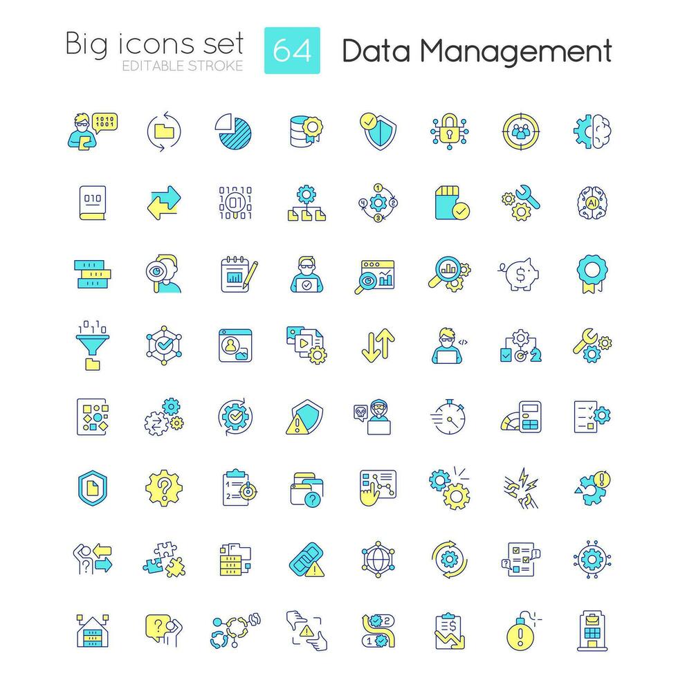 Data management RGB color icons set. Information governance. Database system. Isolated vector illustrations. Simple filled line drawings collection. Editable stroke used