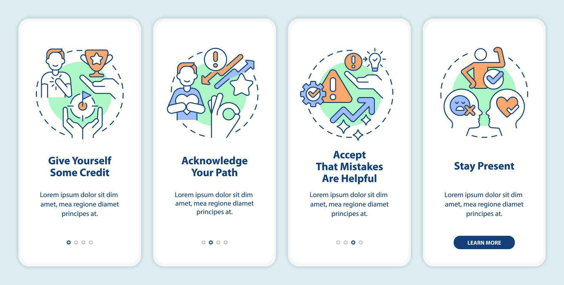 Overcome imposter syndrome tips onboarding mobile app screen. Walkthrough 4 steps editable graphic instructions with linear concepts. UI, UX, GUI templated vector