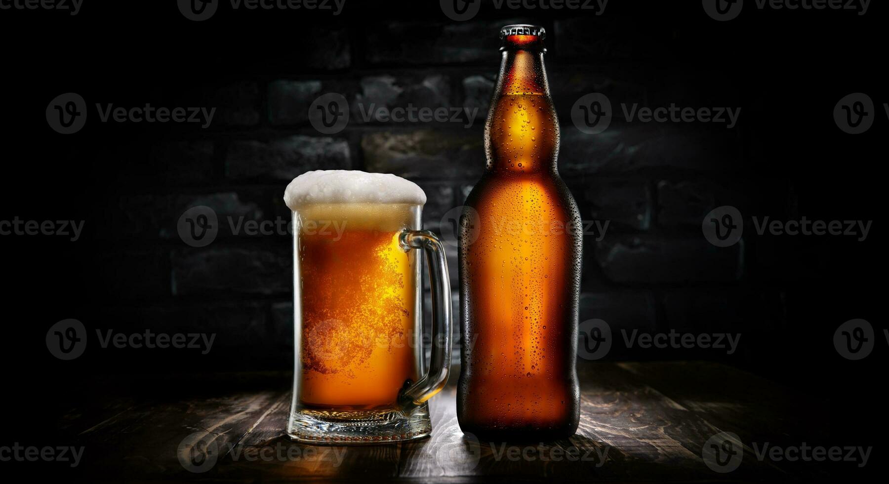 Beer in mug and bottle on black photo