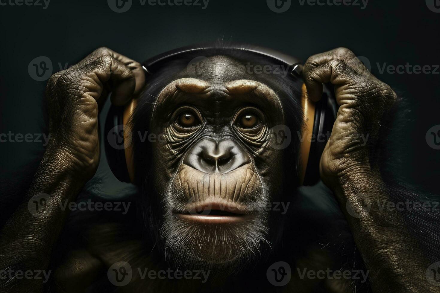 Chimpanzee listening to music - generative AI photo