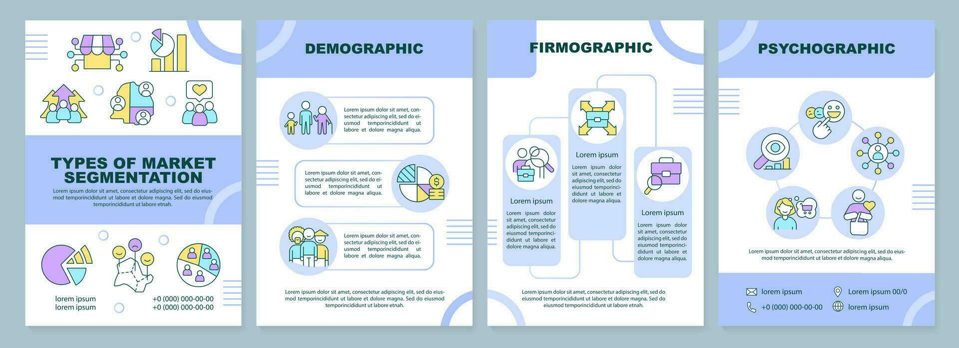 Types of market segmentation brochure template. Leaflet design with linear icons. Editable 4 vector layouts for presentation, annual reports