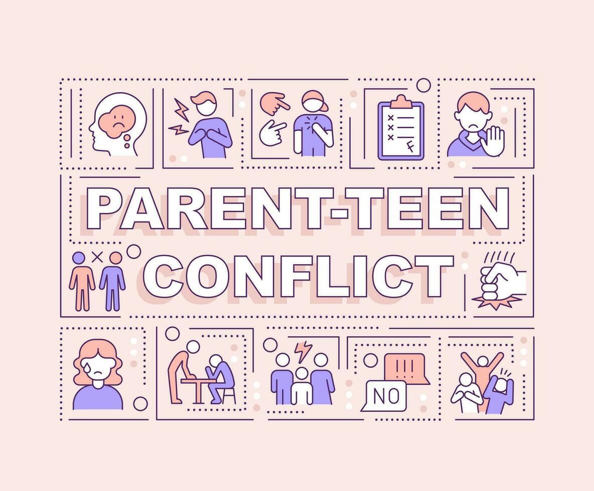 Parent teen conflict word concepts pink banner. Family issues. Infographics with editable icons on color background. Isolated typography. Vector illustration with text