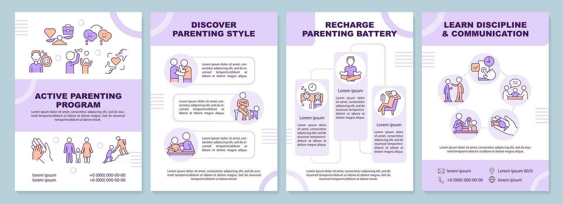 Active parenting program purple brochure template. Leaflet design with linear icons. Editable 4 vector layouts for presentation, annual reports