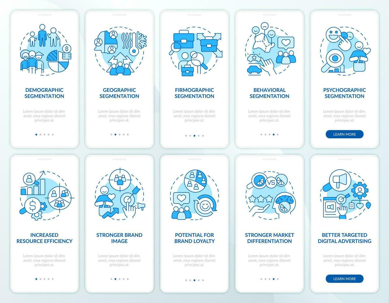 Market segmentation blue onboarding mobile app screen set. Walkthrough 5 steps editable graphic instructions with linear concepts. UI, UX, GUI templated vector