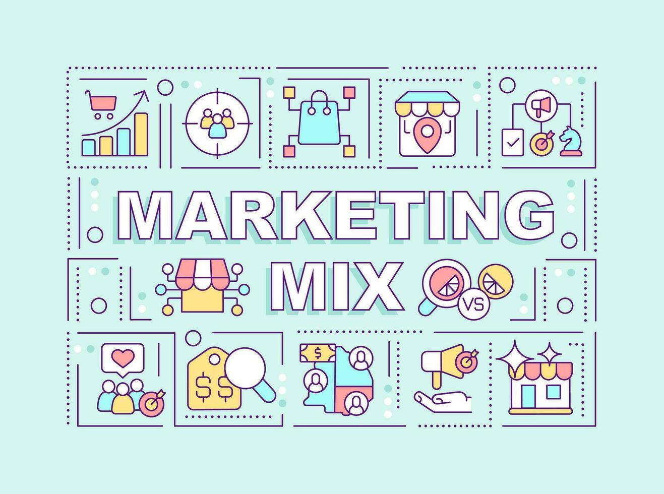 Marketing mix word concepts light blue banner. Promotion strategy. Infographics with editable icons on color background. Isolated typography. Vector illustration with text