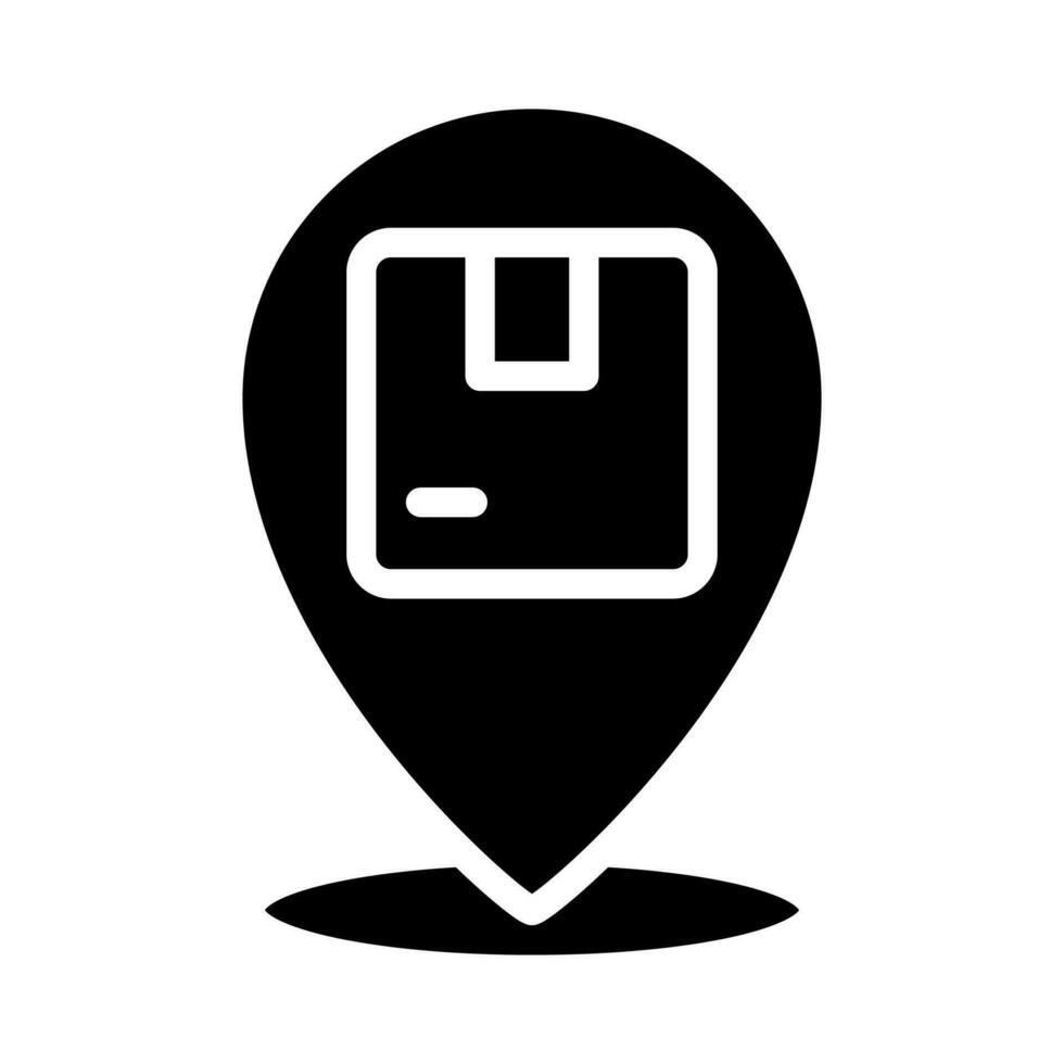Deliver to location black glyph icon. Courier service. Parcel shipment to address. Recipient destination. Silhouette symbol on white space. Solid pictogram. Vector isolated illustration