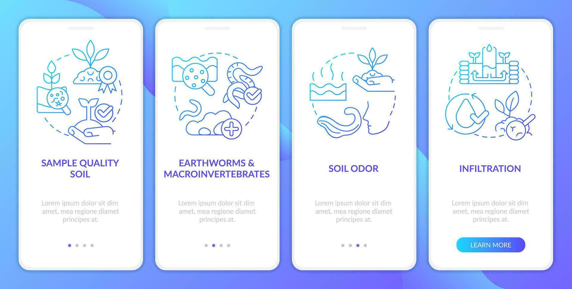 Soil health blue gradient onboarding mobile app screen. Regenerative farming walkthrough 4 steps graphic instructions with linear concepts. UI, UX, GUI templated vector