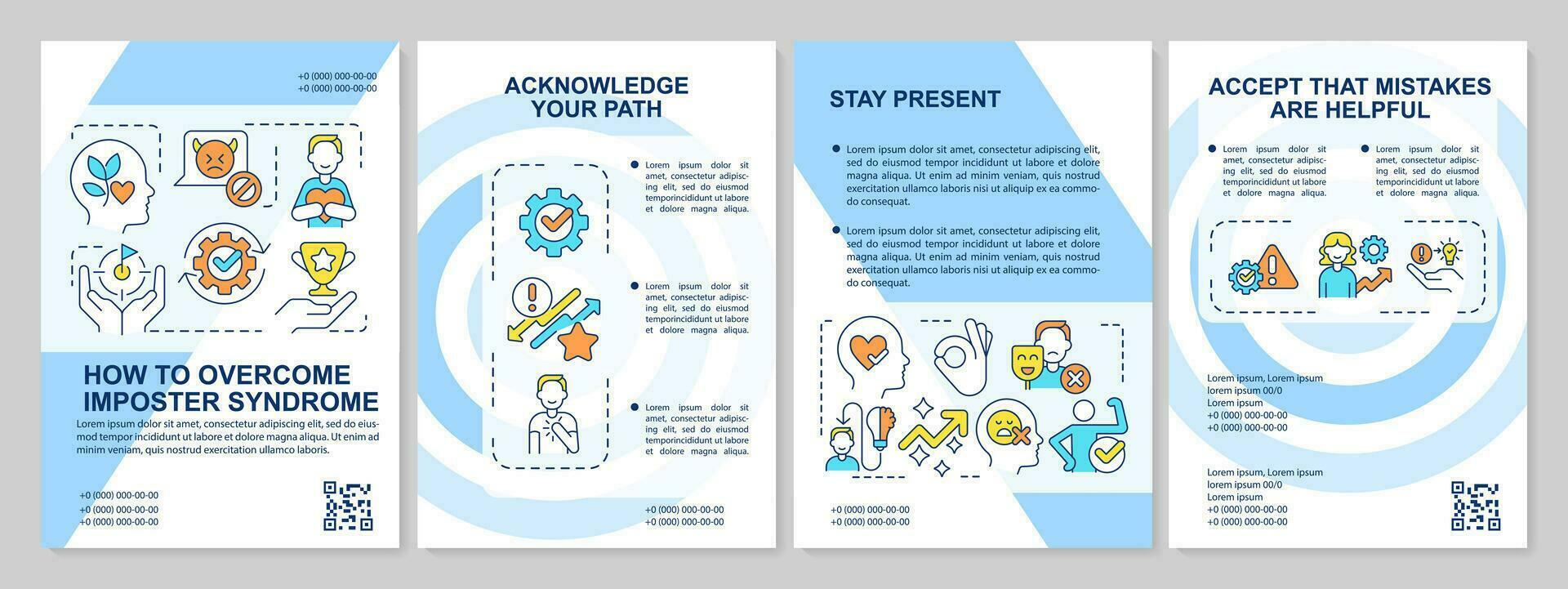 Overcoming impostor feelings tips blue brochure template. Leaflet design with linear icons. Editable 4 vector layouts for presentation, annual reports