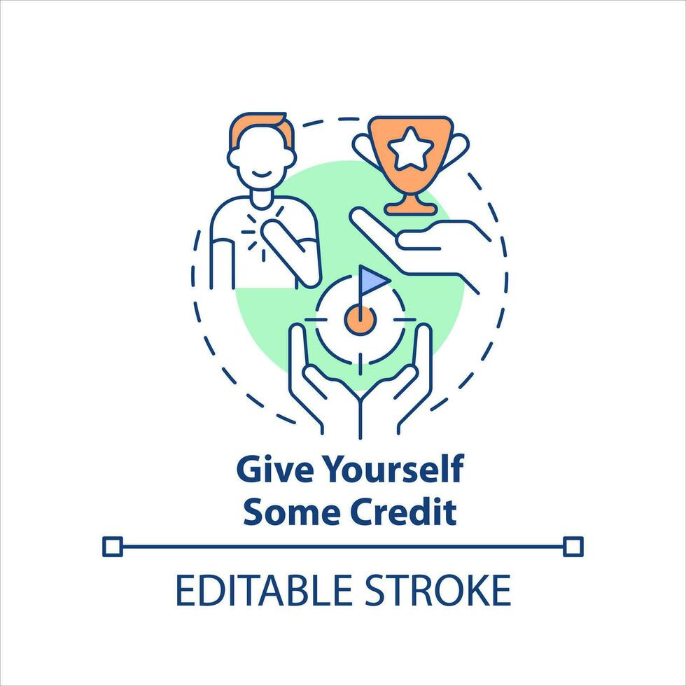 Give yourself some credit concept icon. Overcoming imposter syndrome tip abstract idea thin line illustration. Isolated outline drawing. Editable stroke vector