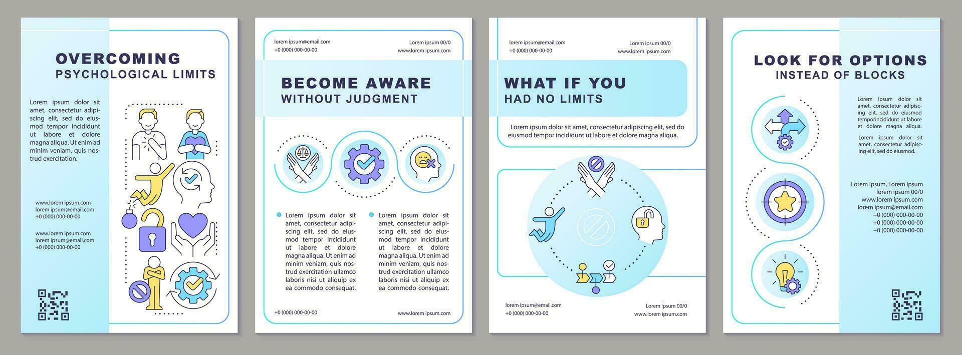 Overcoming mental barriers tips brochure template. Personal growth. Leaflet design with linear icons. Editable 4 vector layouts for presentation, annual reports