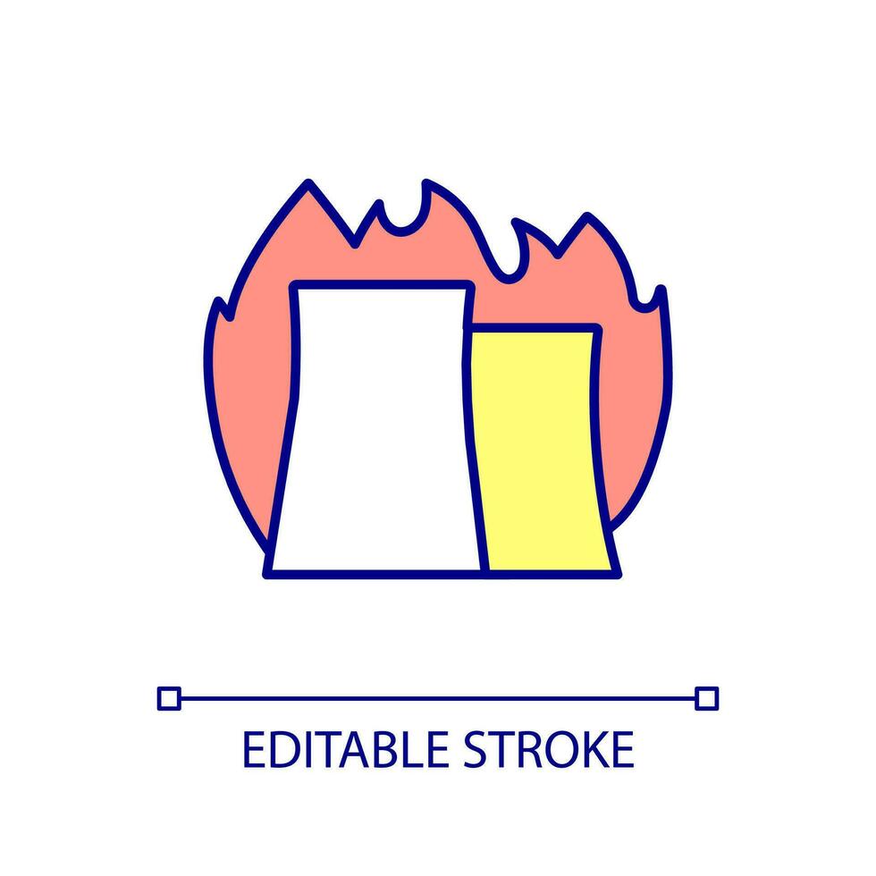 Fire at nuclear plant RGB color icon. Dangerous disaster at reactor. Radioactive materials overheating. Isolated vector illustration. Simple filled line drawing. Editable stroked