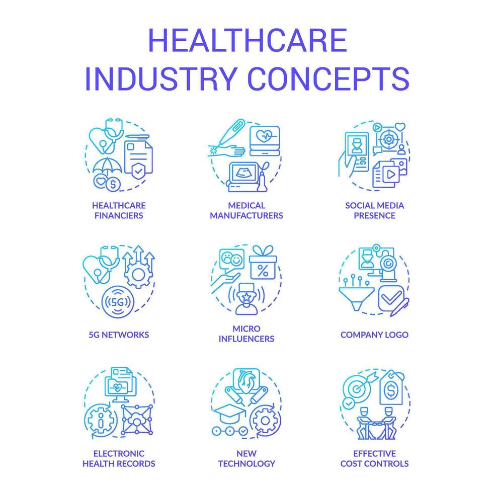 cuidado de la salud industria azul degradado concepto íconos colocar. clínico servicios. vida ciencia. médico sector idea Delgado línea color ilustraciones. aislado símbolos vector