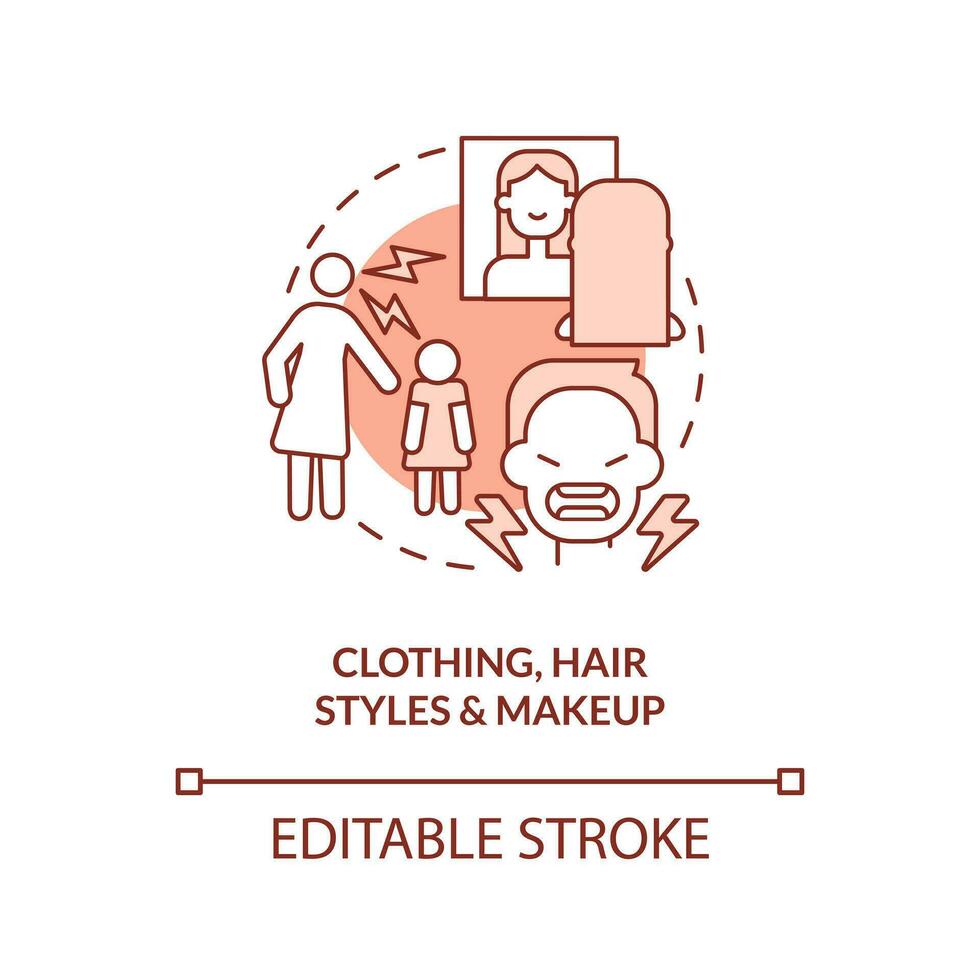 Clothing, hair styles and makeup terracotta concept icon. Parent teen conflict area abstract idea thin line illustration. Isolated outline drawing. Editable stroke vector