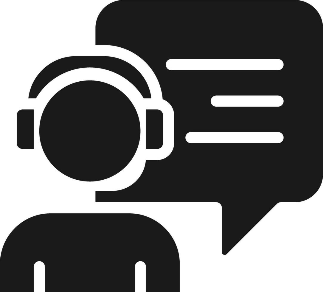 Interact with call centre operator black glyph icon. Person with headset and speech bubble. Support service. Silhouette symbol on white space. Solid pictogram. Vector isolated illustration