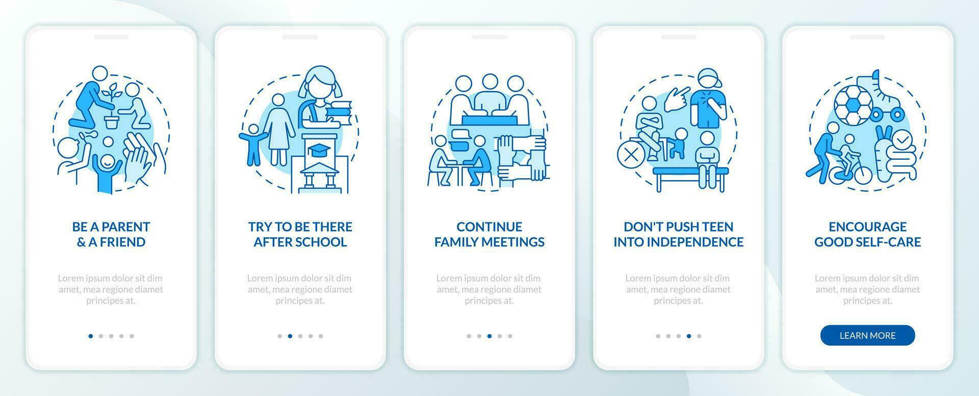 Peaceful teen parenting tips blue onboarding mobile app screen. Family walkthrough 5 steps editable graphic instructions with linear concepts. UI, UX, GUI templated vector