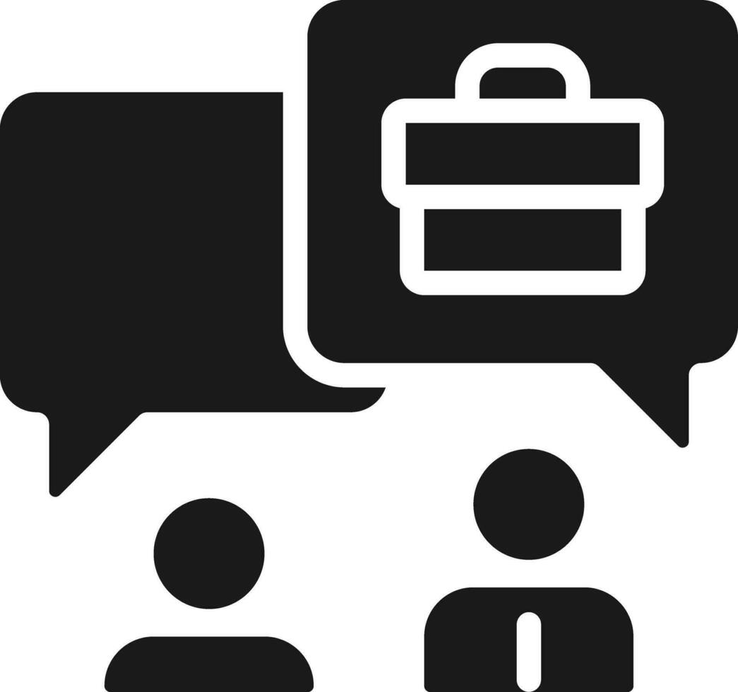 Job interview black glyph icon. HR manager and employee with chat bubbles. Business communication. Teambuilding. Silhouette symbol on white space. Solid pictogram. Vector isolated illustration
