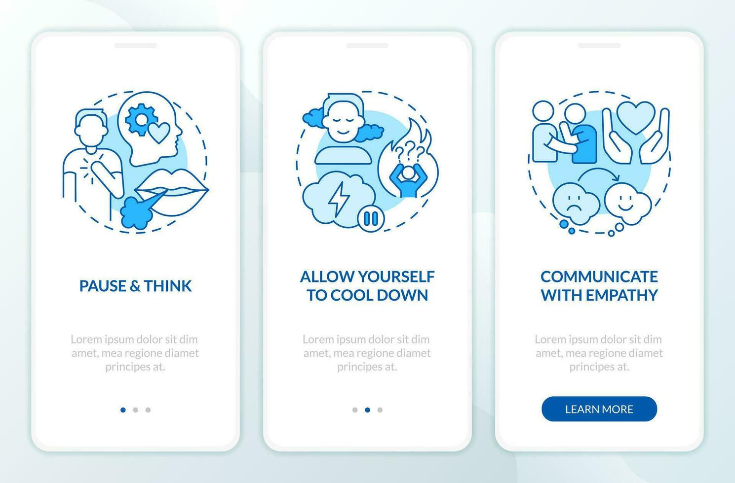 Resolve conflicts with teen blue onboarding mobile app screen. Family walkthrough 3 steps editable graphic instructions with linear concepts. UI, UX, GUI templated vector