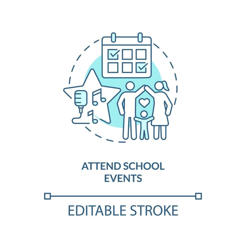 Attend school events turquoise concept icon. Promoting self esteem in teens abstract idea thin line illustration. Isolated outline drawing. Editable stroke vector