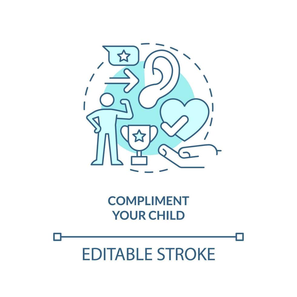 Compliment your child turquoise concept icon. Promoting self esteem in teen abstract idea thin line illustration. Isolated outline drawing. Editable stroke vector