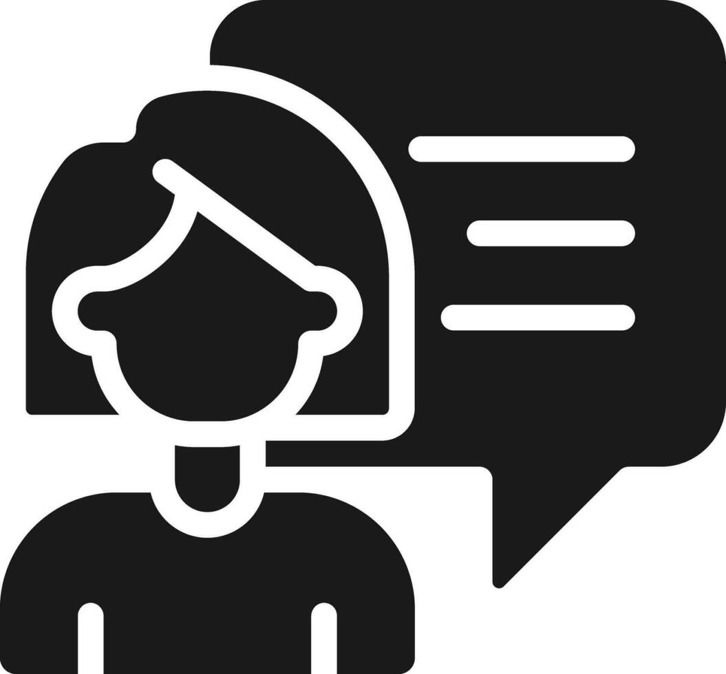 Talking woman with speech bubble black glyph icon. Female person thinking. Communication visual symbol. Silhouette symbol on white space. Solid pictogram. Vector isolated illustration