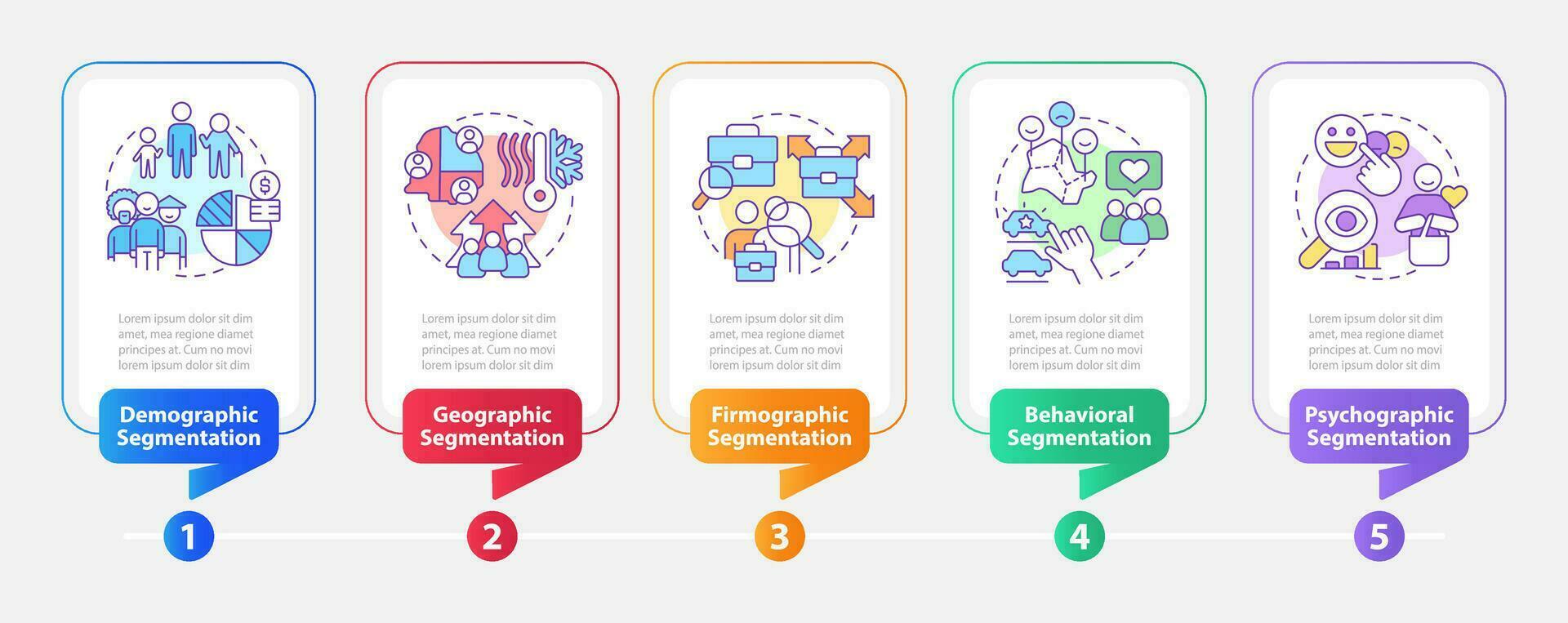 Type of market segmentation rectangle infographic template. Data visualization with 5 steps. Editable timeline info chart. Workflow layout with line icons vector