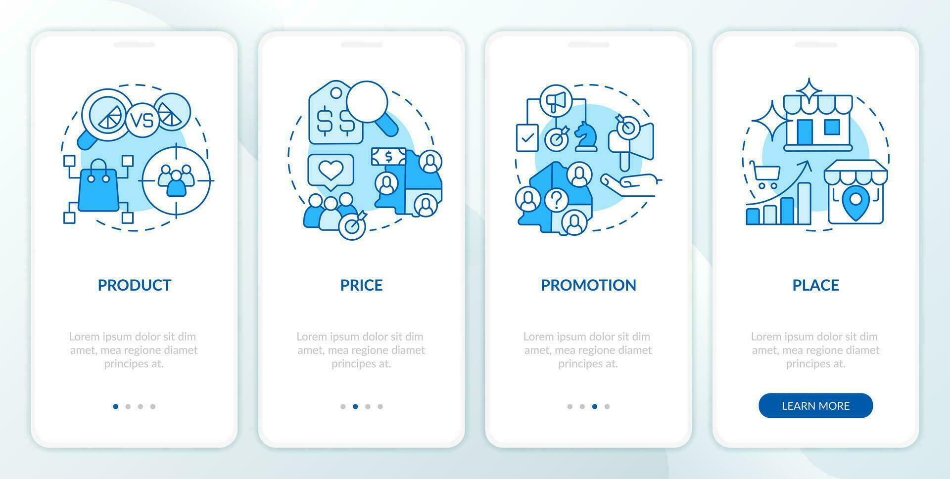 Four P marketing mix blue onboarding mobile app screen. Walkthrough 4 steps editable graphic instructions with linear concepts. UI, UX, GUI templated vector