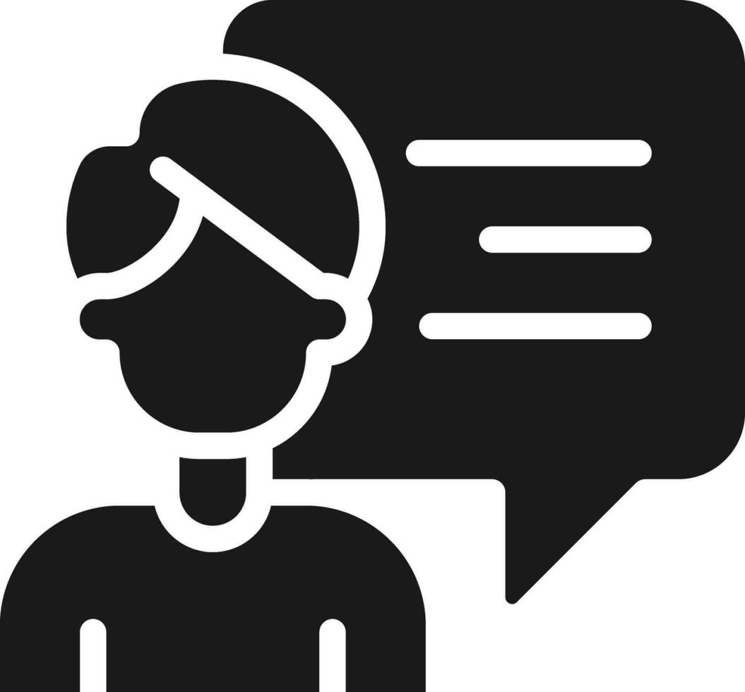 Talking man with chat bubble black glyph icon. Person performing speech. Communication channel visualization. Silhouette symbol on white space. Solid pictogram. Vector isolated illustration