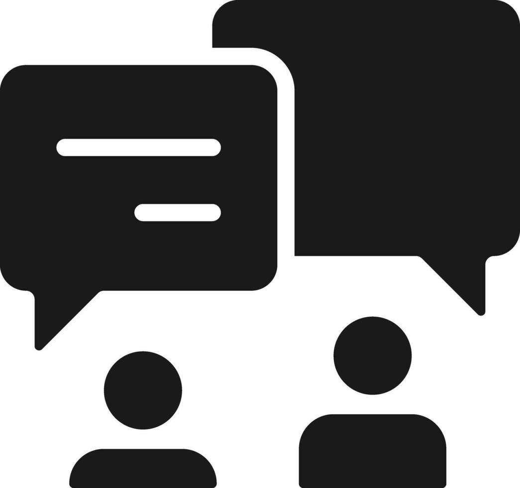Discussion in pairs black glyph icon. Talking people with chat bubbles. Communication between friends. Silhouette symbol on white space. Solid pictogram. Vector isolated illustration