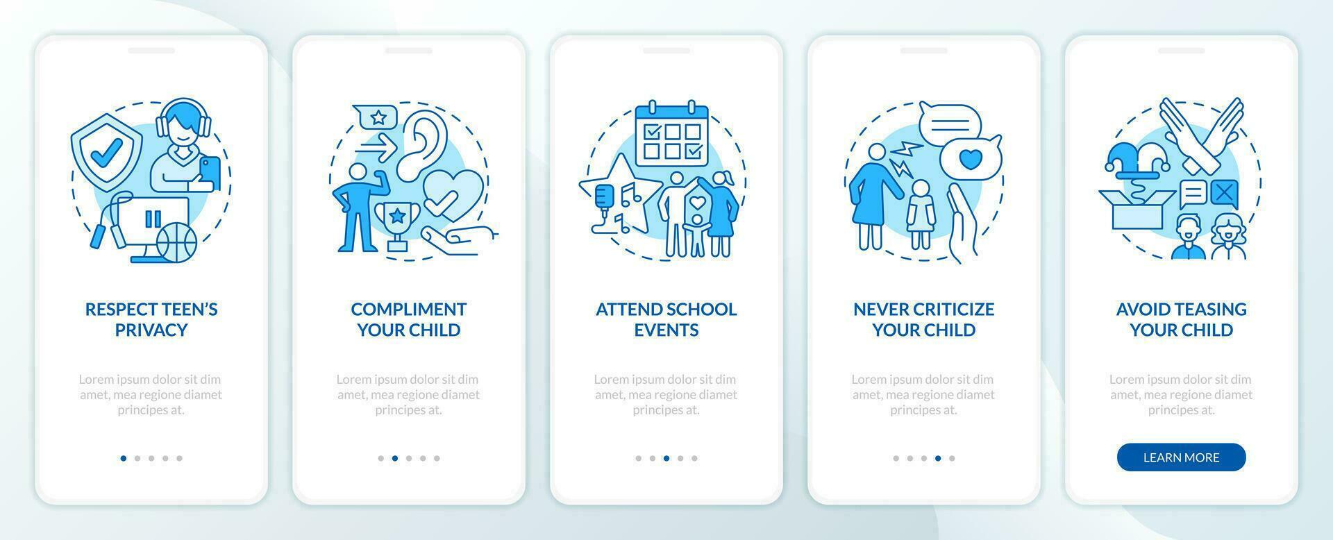 Promoting self esteem in teens blue onboarding mobile app screen. Walkthrough 5 steps editable graphic instructions with linear concepts. UI, UX, GUI templated vector