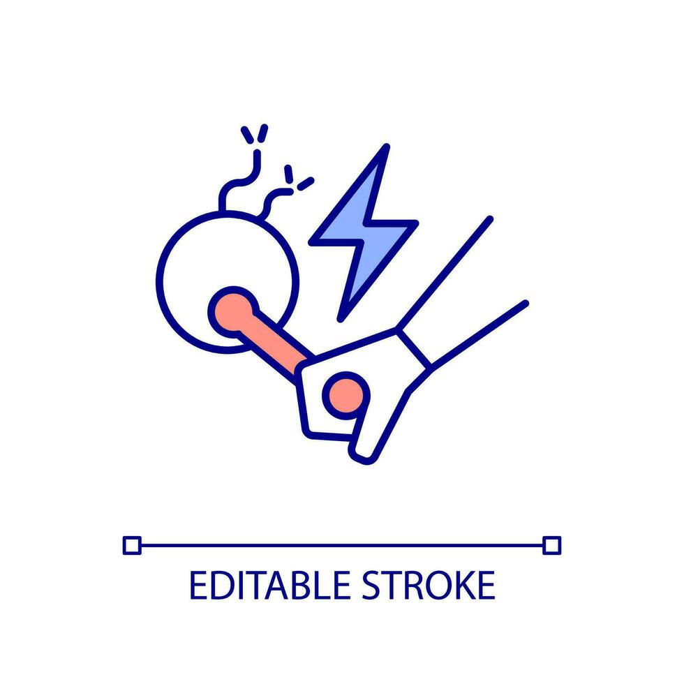 Safety rules violation RGB color icon. Broken electrical equipment usage. Danger in workplace. Isolated vector illustration. Simple filled line drawing. Editable stroked