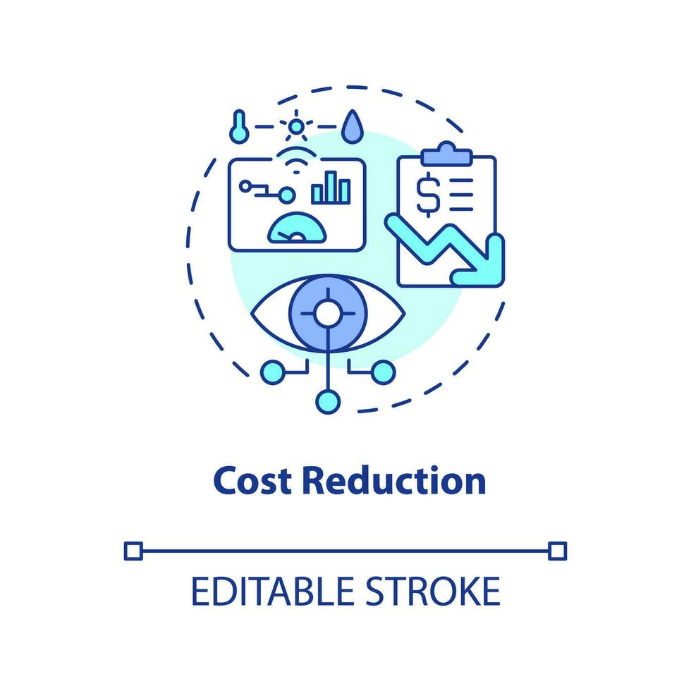 Cost reduction concept icon. IoT in business benefit. Optimize working process abstract idea thin line illustration. Isolated outline drawing. Editable stroke vector