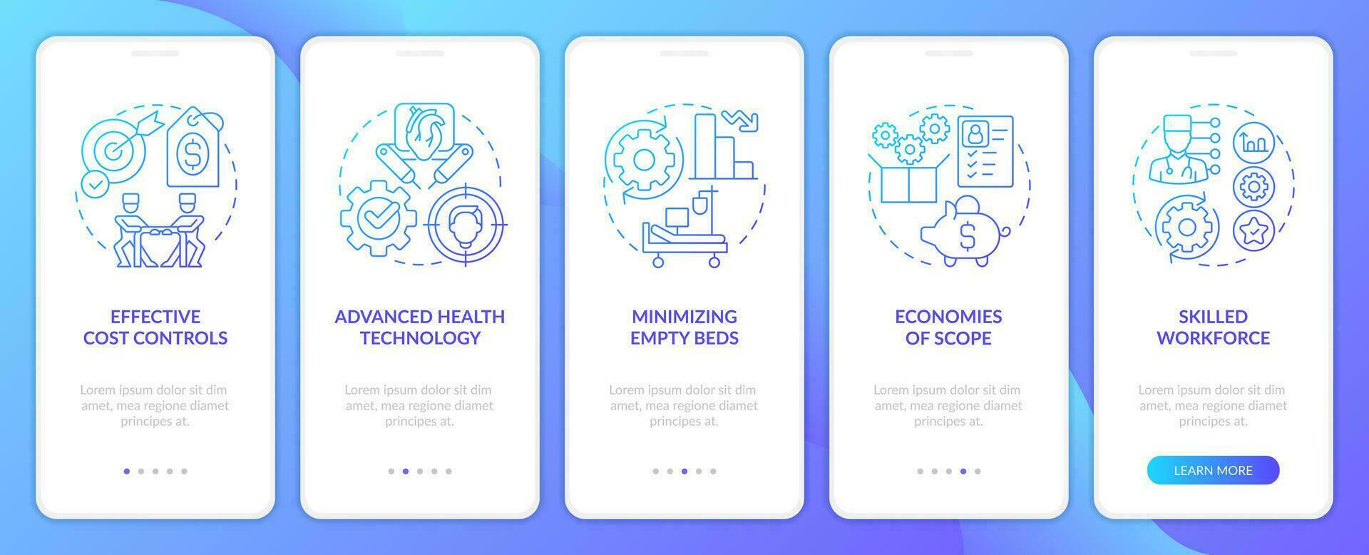 Medical competition advantages blue gradient onboarding mobile app screen. Walkthrough 5 steps graphic instructions with linear concepts. UI, UX, GUI templated vector