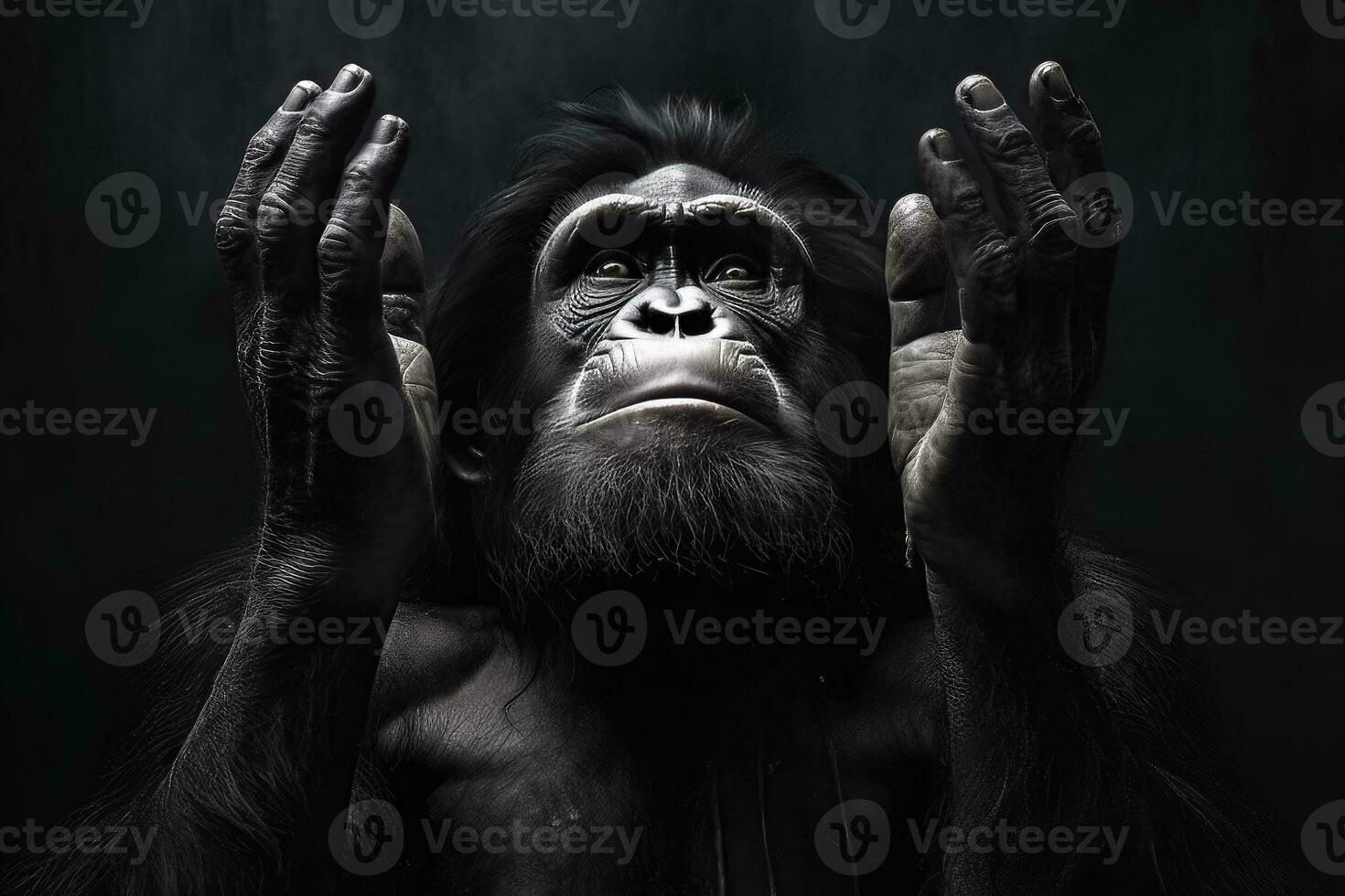 Intense primate portrait in black and white - generative AI photo