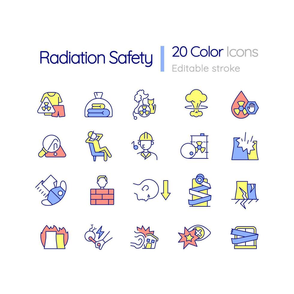 Radiation safety RGB color icons set. Emergency actions during nuclear event. Isolated vector illustrations. Simple filled line drawings collection. Editable stroke used