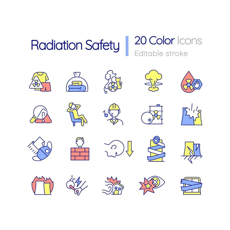 radiación la seguridad rgb color íconos colocar. emergencia comportamiento durante nuclear evento. aislado vector ilustraciones. sencillo lleno línea dibujos recopilación. editable carrera usado