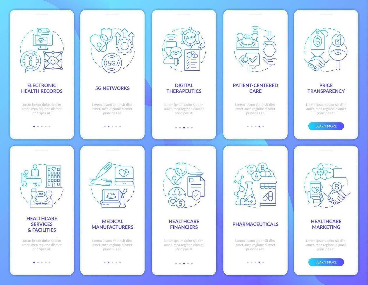 Medical sector trends blue gradient onboarding mobile app screen set. Walkthrough 5 steps graphic instructions with linear concepts. UI, UX, GUI templated vector