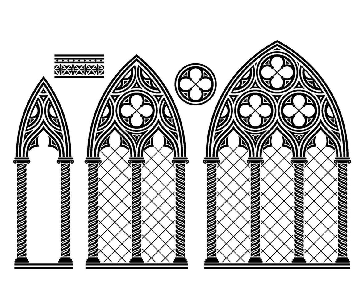 Medieval Gothic stained glass cathedral window set vector