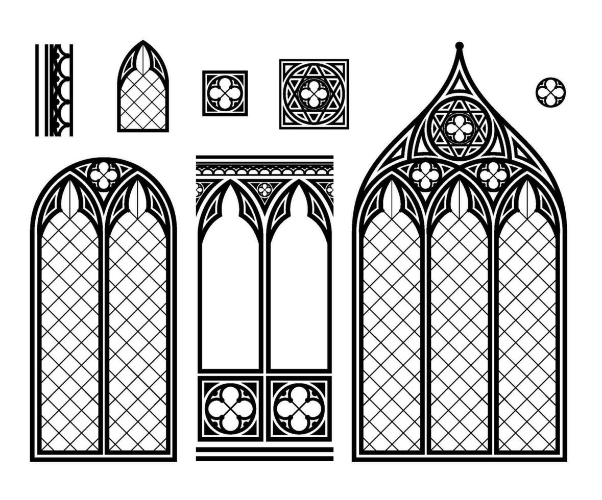 Medieval Gothic stained glass cathedral window set vector